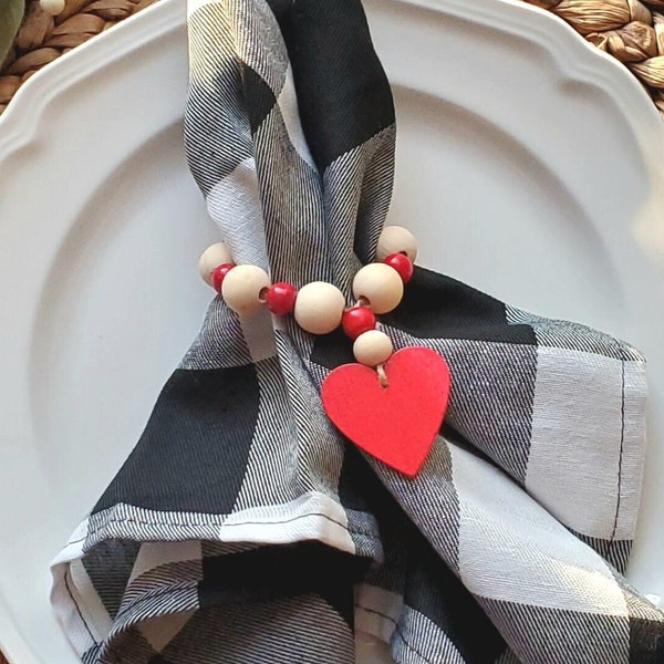 Valentine Napkin Rings, Red Heart Wood Beaded Napkin Holders for Valentine's Day, Valentine Table Setting, Wedding Napkin Ring, Anniversary