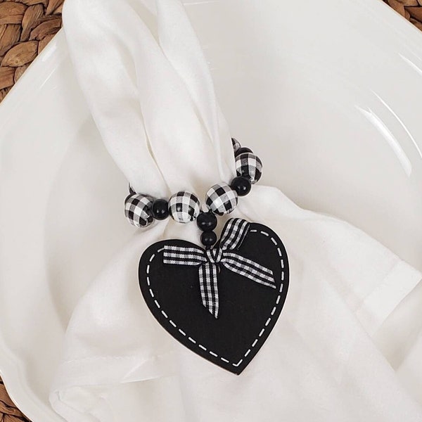 Black Heart Beaded Napkin Rings, Black & White Buffalo Check Farmhouse Napkin Holder, Minimalist Table Decor, SOLD INDIVIDUALLY