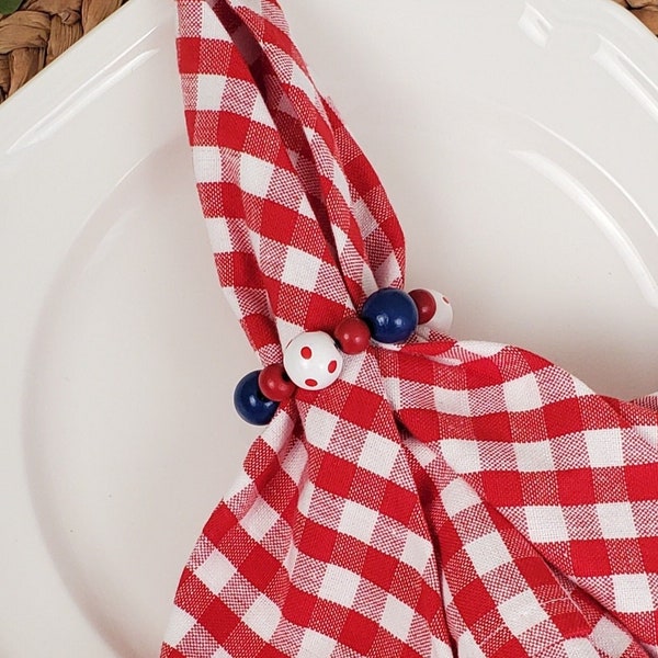 Patriotic Napkin Ring, July 4th Napkin Holder, USA Military Family Decoration, Red White & Blue Home Decor, American Wood Bead Table Setting
