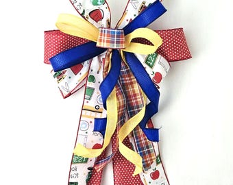 Back to School Wreath Bow, Teacher Wreath Bow, Back to School Bow, Back to School, Teacher Gift Basket Bow, Red Blue & Yellow Teacher Bow