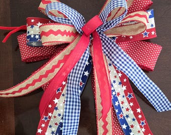 Patriotic Wreath Bow, Patriotic Lantern Bow, July 4th Decor, USA bow, Memorial Day Bow, Red White & Blue Ribbon Bow, America Bow, Handmade