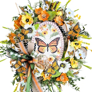 Handmade Monarch Butterfly Wreath: Spring Summer Floral Door Decor