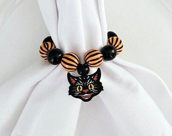 Halloween Napkin Ring, Black Cat Napkin Holder, Vintage  Style Halloween Table Decor, Vintage Halloween Cat, Retro Halloween, Scared Cat