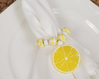 Lemon Beaded Napkin Ring, Citrus Slice Buffalo Plaid Napkin Holder, Summer Farmhouse Table Decor, Lemon Kitchen Theme  SOLD INDIVIDUALLY