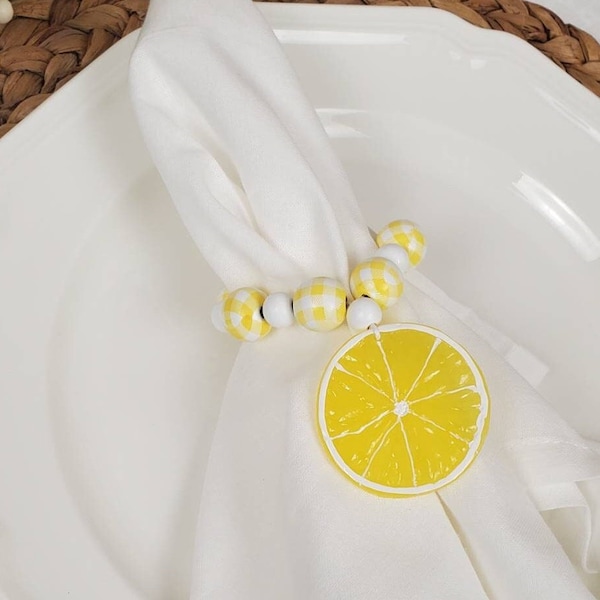 Lemon Beaded Napkin Ring, Citrus Slice Buffalo Plaid Napkin Holder, Summer Farmhouse Table Decor, Lemon Kitchen Theme  SOLD INDIVIDUALLY