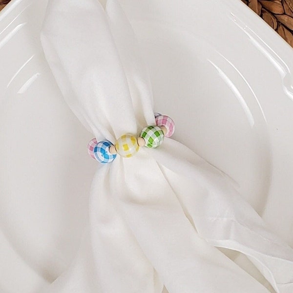 Easter Napkin Ring for Spring, Pastel Buffalo Check Bead Napkin Holders, Spring Beaded Home Decor, Gingham Farmhouse Decor, Easter Decor