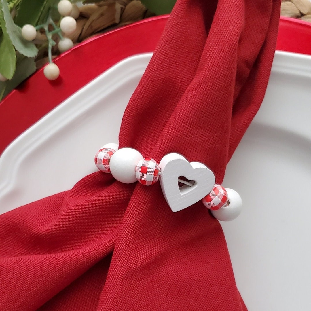 Valentine Napkin Rings, Red Heart Wood Beaded Napkin Holders for