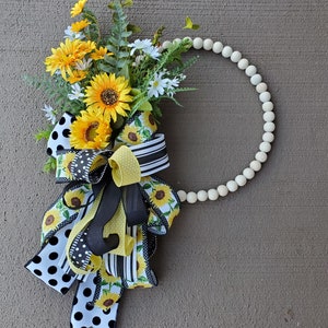 Yellow Sunflower Wood Bead Wreath,  Black & white bow, Bees, Minimal, Boho Front Door Wreath -  Farmhouse