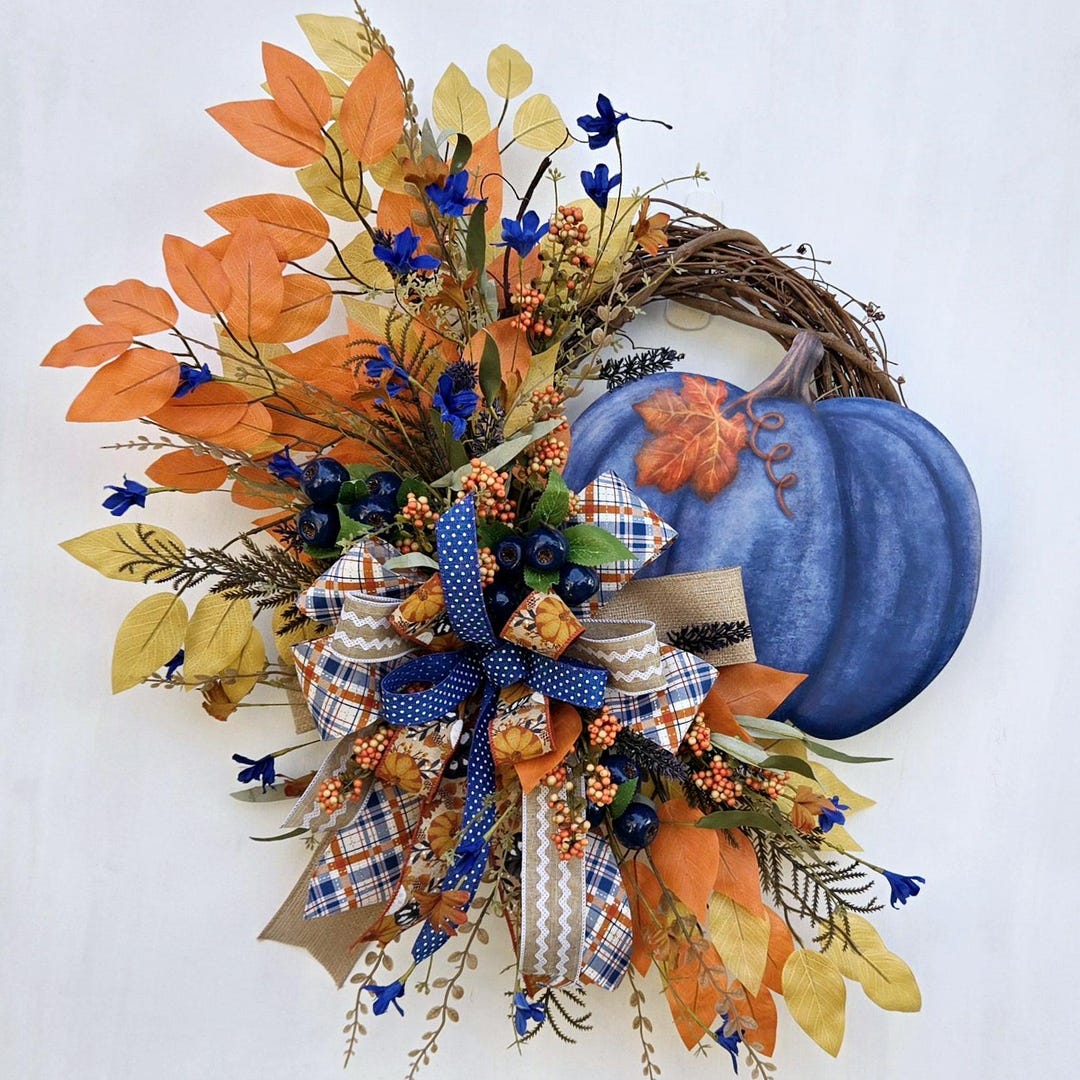 Fall Wreath With Blue Pumpkin for Fall Front Door, Blue Fall Home Decor ...