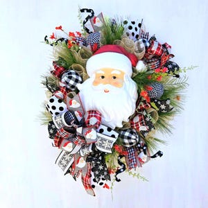 Santa Christmas Wreath, Farmhouse Santa Wreath, Santa Door Hanger, Farmhouse Christmas Wreath, Santa Buffalo Check Wreath, Black & White