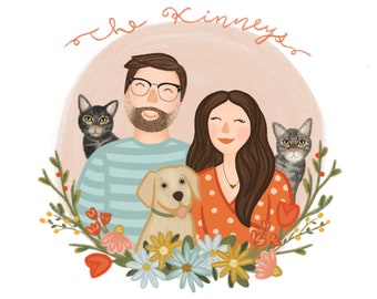 Custom Family Hand Drawn portrait, illustration, Gift for Anyone