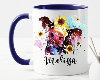 Tasse de vache personnalisée - Vache aquarelle - Amoureux de la vache - Tasse à café de vache - Tasse d’animal de ferme - Cadeaux d’animaux de ferme - Vie à la ferme - Cadeaux pour elle