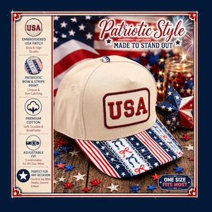 Coquettes & Stripes Retro USA Embroidered Patch Hat, Patriotic Bow Print Baseball Cap, Fourth Of July Cotton Hat, Americana Summer Cap