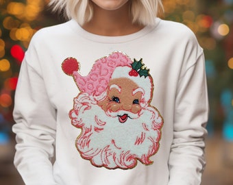 Pink Santa Sweatshirt - Santa Chenille Sweatshirt  - Christmas Sweatshirt - Chenille Patch - Christmas Chenille Patch - Pink Santa Patch