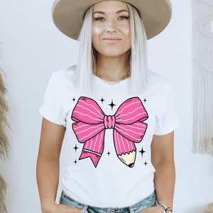 Pink Coquette Teacher Shirt - Pink Coquette Pencil Bow T-Shirt - Trendy Back to School Tee - Appreciation Gift - Elementary Teacher Gift