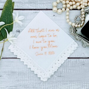 Wedding Embroidered Handkerchief Mother of the Bride - Wedding Gift - Gift from the Bride -  Happy Tears Wedding Hankies - Wedding Day Gift
