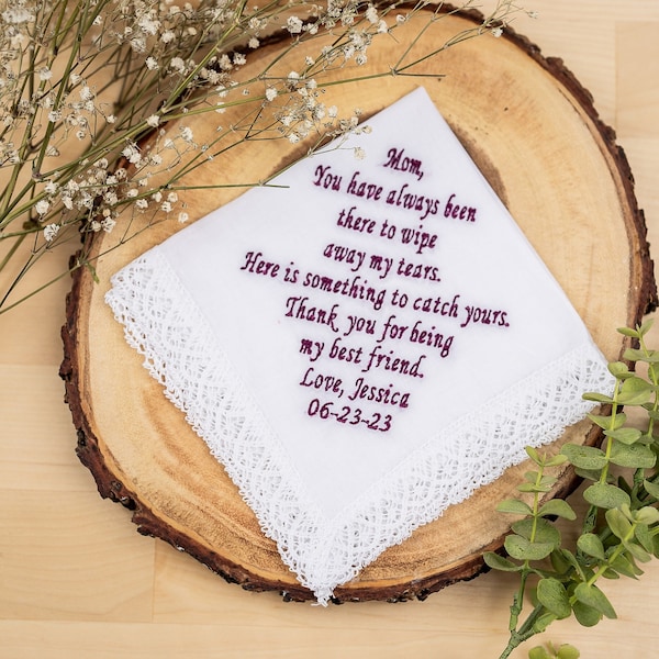 Mom Embroidered Wedding Handkerchief - Mother of the Bride Handkerchief - Thank you for being my best friend - Wedding Handkerchief