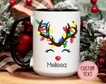 Taza personalizada de reno de 15 oz - Tazas de Navidad - Tazas de chocolate caliente personalizadas - Taza de Navidad - Regalo secreto de Santa - Taza de reno - 15 oz