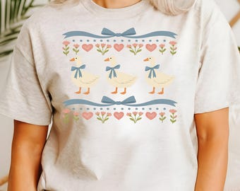 Camisa vintage de ganso Blue Ribbon para mujer - Ganso Blue Ribbon de los años 80 - Ganso retro con corazones - Camiseta con adorable animal de granja - Camisa Coquette Goose