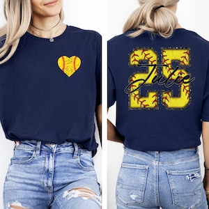 Personalized Softball Mom Shirt -Heart Softball - Custom Name and Number Softball Shirt - Customized Softball Shirt - Softball Mama T Shirt