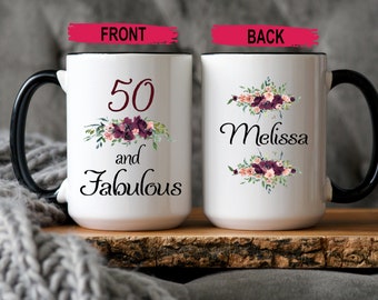 Fabuleuse tasse d'anniversaire des 50 ans et plus, Mug floral personnalisé avec nom, cadeau 50e anniversaire pour elle, tasse à café personnalisée, anniversaire important