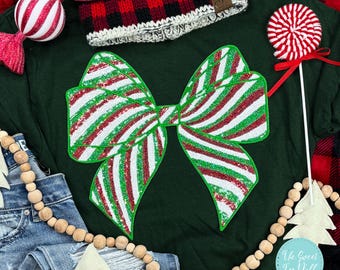 Cute Red White Green Ribbon  Christmas Sweatshirt - Sequins Ribbon - Christmas Sweatshirt - Holiday Bow Sequins Sweater - Christmas Sequins