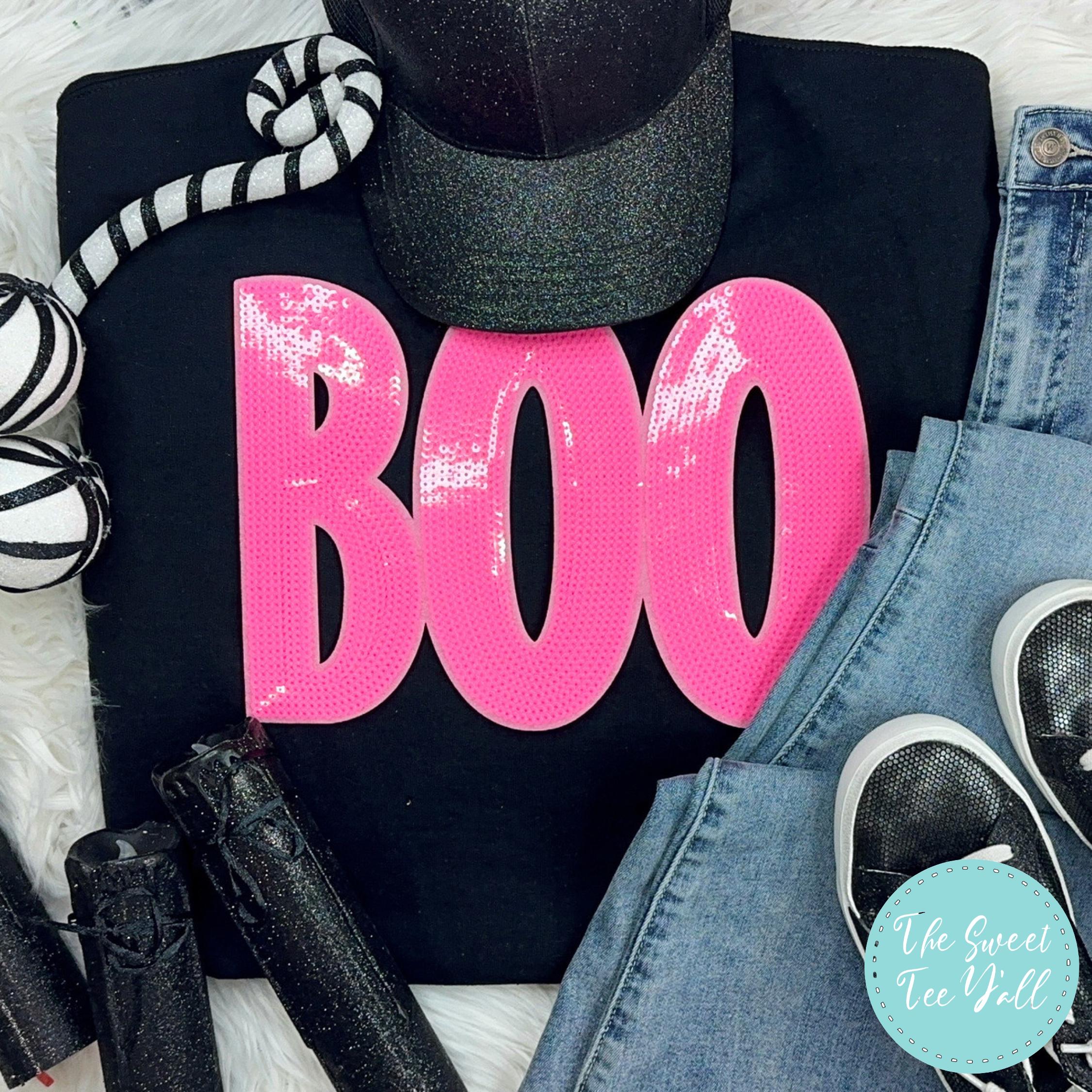 Sequin Pink Boo Chenille Patch Crewneck Sweatshirt - Chenille Patch Sweatshirt - Halloween Sweatshirt - Pink Boo Sequins - Pink Sequins