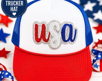 USA Sequin Patriotic Trucker Hat, Red White Blue Foam Hat, America Hat for Women, 4th of July Trucker Cap, Americana Sparkle Mesh Hat