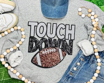 Sudadera de cuello redondo con parche de fútbol Touchdown con lentejuelas - Sudadera con parche de chenilla - Sudadera de fútbol - Espíritu escolar - Fútbol americano de secundaria