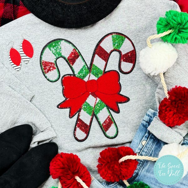 Sequin Candy Cane Bow Sweatshirt - Cute Christmas Sweatshirt - Sequins Candy Cane Sweatshirt - Candy Cane Sweatshirt - Christmas Sweatshirt