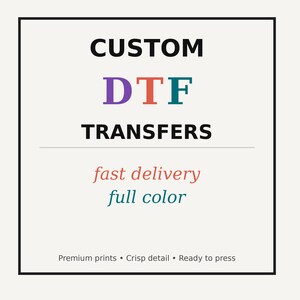 Puede incluir: Gráfico con las palabras "CUSTOM DTF TRANSFERS" en negro, morado, naranja y turquesa. Debajo, se lee "fast delivery" en rojo y "full color" en turquesa. El texto inferior dice "Premium prints • Crisp detail • Ready to press."