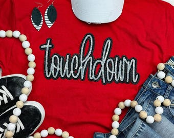 Sudadera con cuello redondo y parche de chenilla con lentejuelas Touchdown - Sudadera con parche de chenilla - Sudadera de fútbol - Espíritu escolar - Fútbol de escuela secundaria