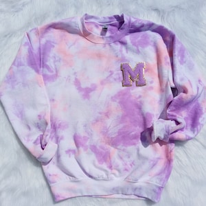 Personalized Tie Dye Sweatshirt - Custom Sweatshirt - Chenille Letters - Purple Pastel Tie Dye Sweatshirt - Tie Dye - Women&#39;s Sweatshirt