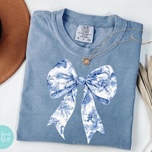 Toile De Jouy Coquette Bow Comfort Colors® Shirt - Blue Ribbon Shirt - Cute Coquette Bow Shirt - Toile Blue Bow Shirt