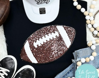 Sudadera de cuello redondo con parche de chenilla y lentejuelas de fútbol - Sudadera con parche de chenilla - Sudadera de fútbol - Espíritu escolar - Fútbol americano de secundaria