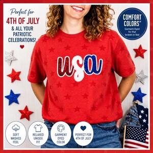 Comfort Colors© USA Stars Shirt, Patriotic Sequin Patch Tee, Star Print Americana Shirt, 4th of July Comfort Colors Tee, USA Graphic Shirt