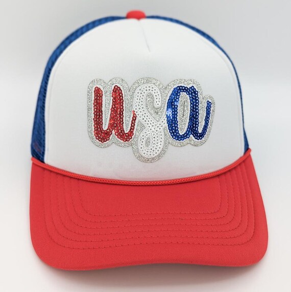 USA Sequin Patriotic Trucker Hat, Red White Blue Foam Hat  display picture 3