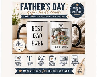 Puede incluir: Taza blanca de cerámica para el Día del Padre con asa negra. Un lado dice "BEST DAD EVER" en letras negras en negrita. El otro lado presenta una foto y la palabra "LOVE". La taza está impresa por ambas caras y disponible en 312 ml y 425 ml.