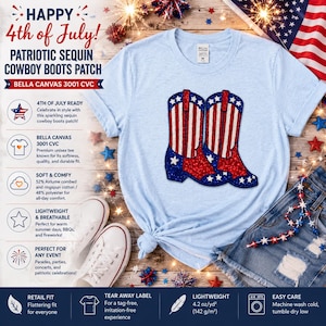 May include: A light blue t-shirt featuring a graphic of two cowboy boots decorated with red and white vertical stripes and blue sections with white stars. The shirt has a crew neckline and short sleeves, with a Bella Canvas brand label at the neck.