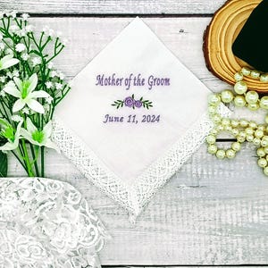 Wedding Handkerchief for Mother of the Groom - Personalized Embroidered Bridal Handkerchief - Lace Handkerchief - Lace Hankie - Wedding Gift