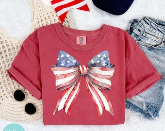 Comfort Colors® 4th of July Womens Shirt - Coquette American Flag Shirt - USA Bow Shirt - 4th of July - Patriotic Shirt - Red White and Blue