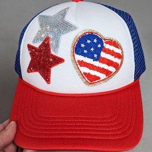 USA Patriotic Stars Trucker Hat - Mesh Baseball Hat -  USA Baseball Cap -  Blue Glitter Red Chenille Patch - July 4th - Memorial Day - USA