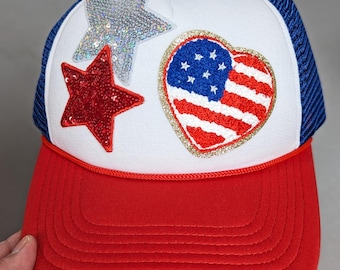 USA Patriotic Stars Trucker Hat - Mesh Baseball Hat -  USA Baseball Cap -  Blue Glitter Red Chenille Patch - July 4th - Memorial Day - USA
