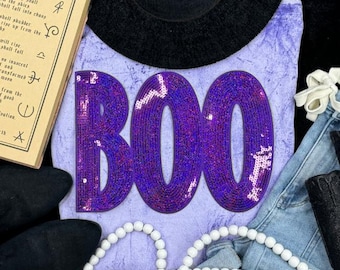 Cute Purple Boo Sequins Halloween Shirt - Comfort Colors® Shirt - Boo Patch Shirt  - Halloween Shirt - Chenille Patch - Sequins Boo Shirt