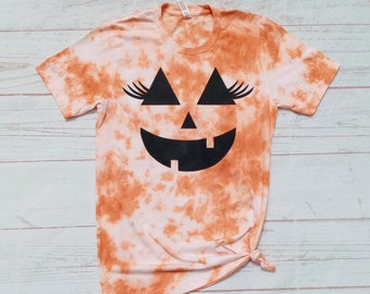 Mädchen Kürbis Gesicht Tie Dye Shirt - Weiblich Jack O Lantern Halloween Shirt - Kürbis Gesicht - Orange Tie Dye Shirt - Süßes Halloween Outfit