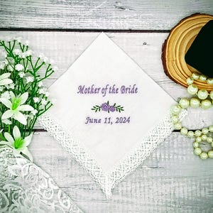 Wedding Handkerchief for Mother of the Bride - Personalized Embroidered Bridal Handkerchief - Lace Handkerchief - Lace Hankie - Wedding Gift