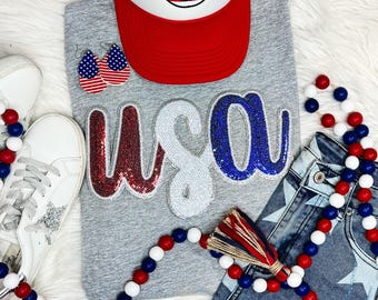 USA Sequins Patch Shirt - 4th Of July Shirt - America Shirt - America Flag Shirt - 4th Of July - Independence Day  - Chenille Patch