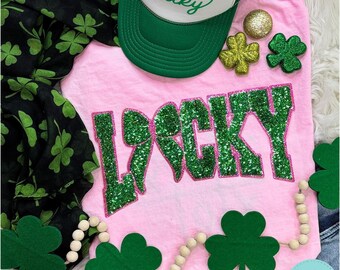 Lucky Sequins St Patrick's Day Shirt - St Patties Day Shirt - Sequins Chenille Patch Shirt - St Patrick's  Day Shirt - Sequins Tee