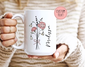 Personalized Coquette Birth Flower Mug, Personalized Flower Mug, Custom Name Floral Coffee Cup, Birth Flower Style Mug, Gift for Her