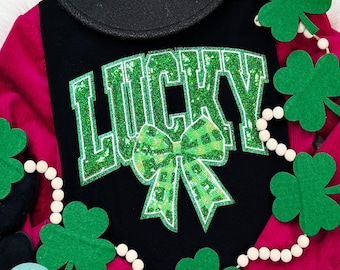 Lucky Bow Sequins St Patrick's Day Shirt - St Patties Day Shirt - Sequins Chenille Patch Shirt - St Patrick's  Day Shirt - Sequins Tee